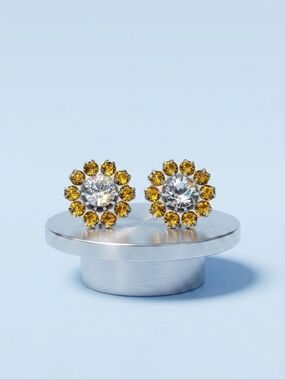 Vintage 90s Swarovski Citrine & Brandy Crystal Floral Studs 14mm Silver Ovrly